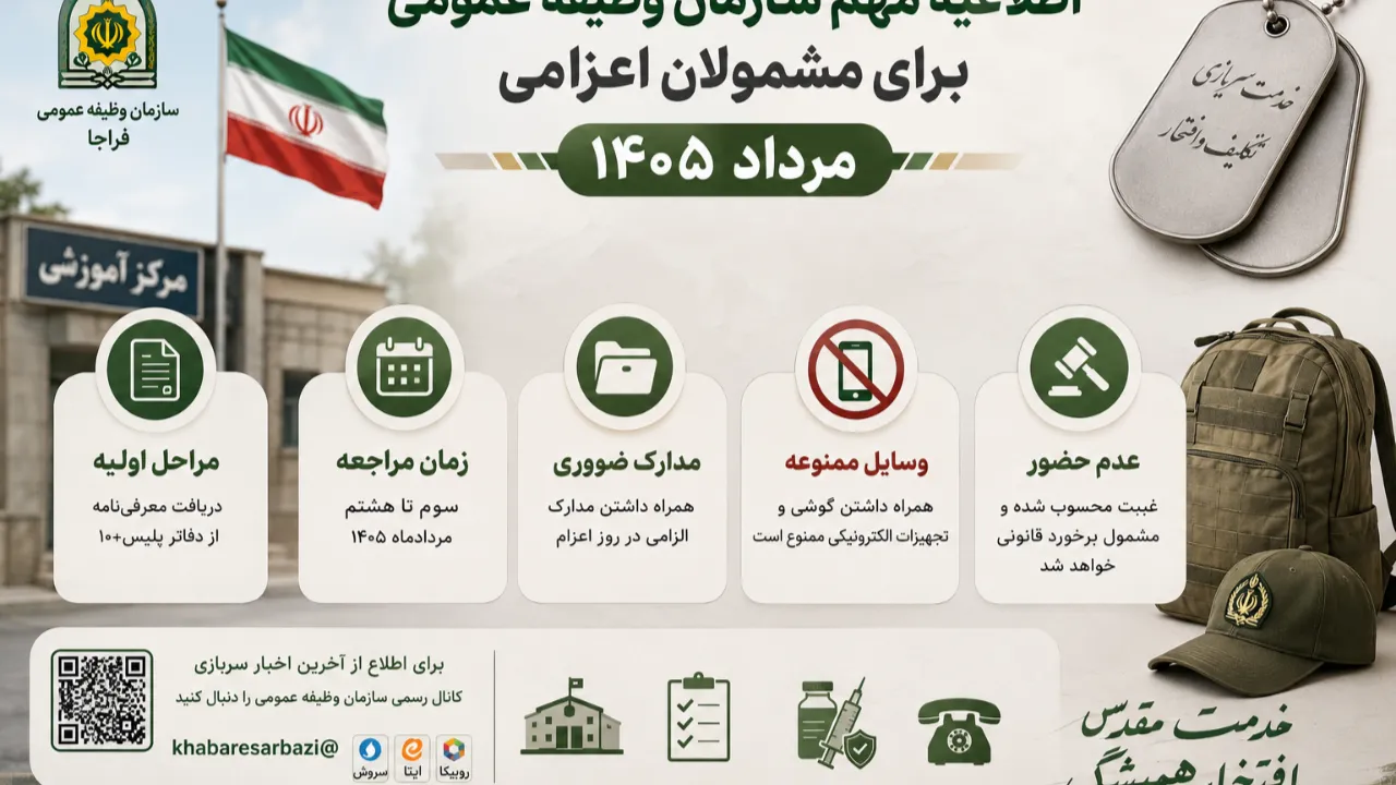 فراخوان اعزام مشمولان مرداد ۱۴۰۵؛ مدارک لازم و زمان مراجعه و لیست وسایل ممنوعه