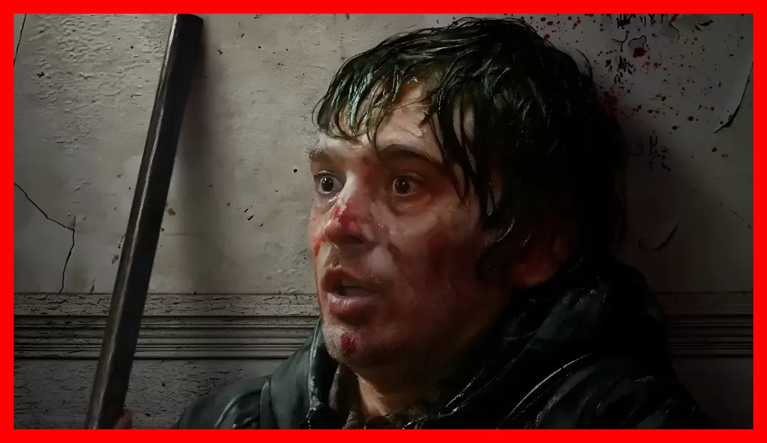 چهره مردی زخمی و وحشت‌زده در فضای تاریک فیلم رزیدنت اویل (Resident Evil)