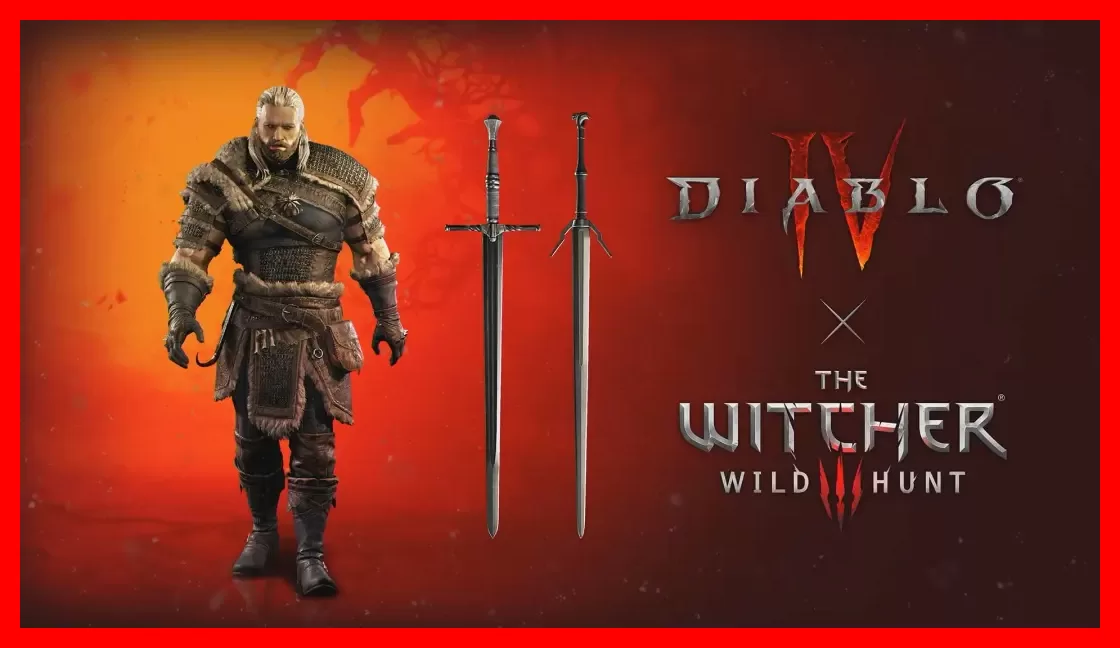 شخصیت بازی ویچر (The Witcher) در کنار دو شمشیر در پسزمینه قرمز