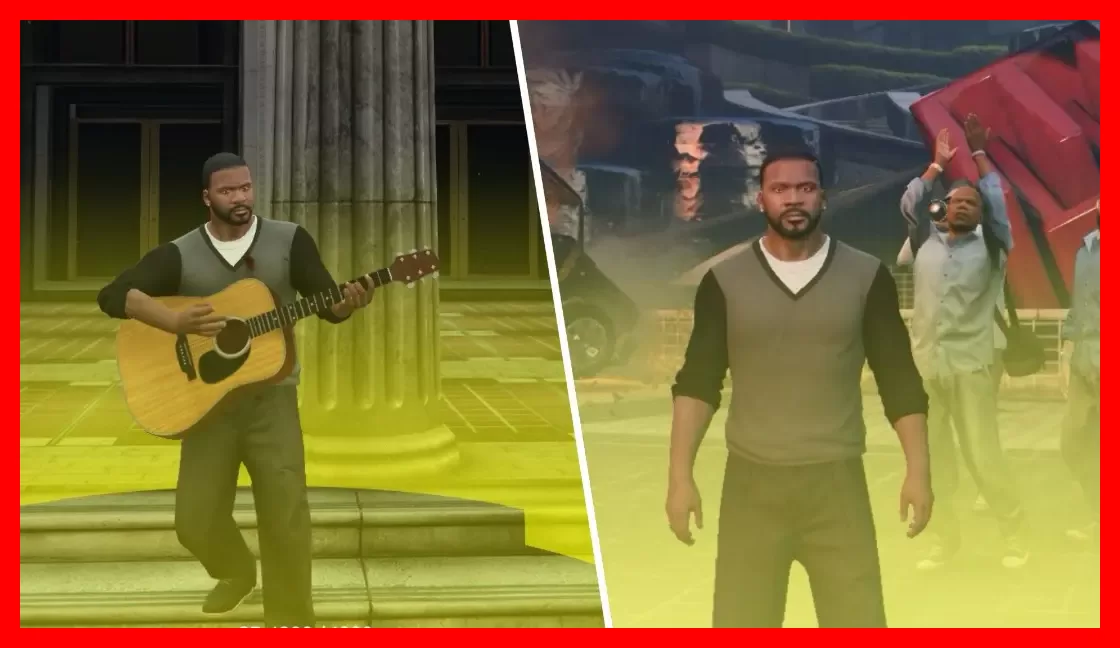 شخصیت فرانکلین (Franklin) در بازی GTA 5 در حال نواختن گیتار آکوستیک
