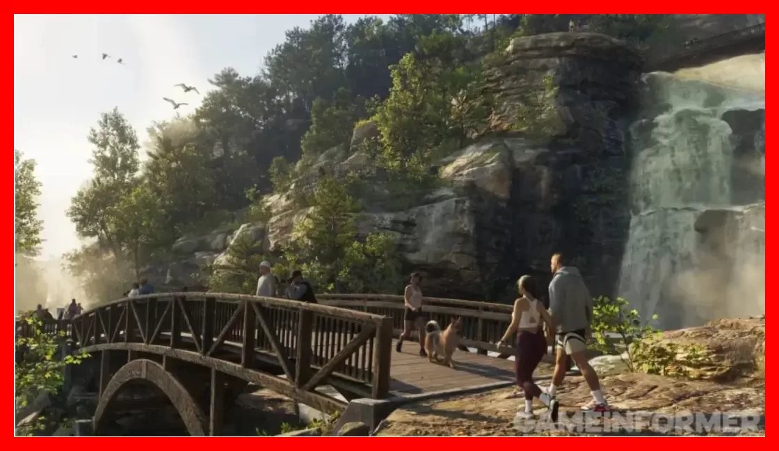 منظره پل چوبی و آبشار در محیط بازی GTA 6 (Grand Theft Auto VI)