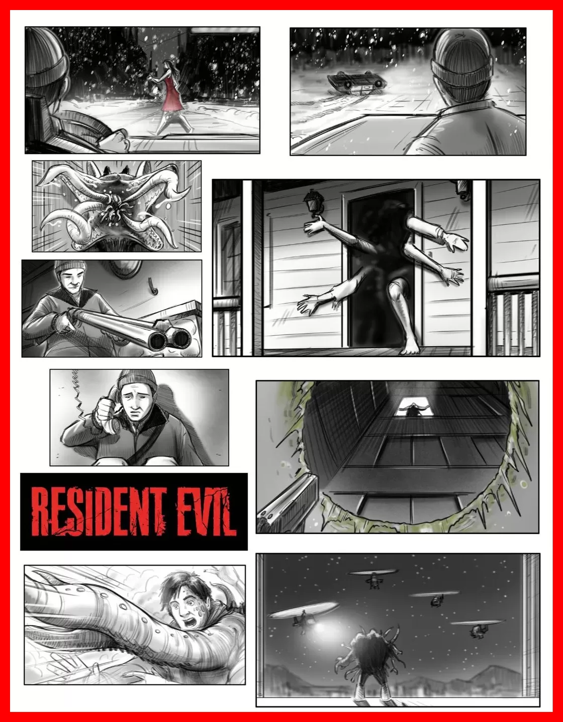 طرح‌های سیاه و سفید استوری‌بورد فیلم رزیدنت اویل (Resident Evil) شامل صحنه‌های ترسناک