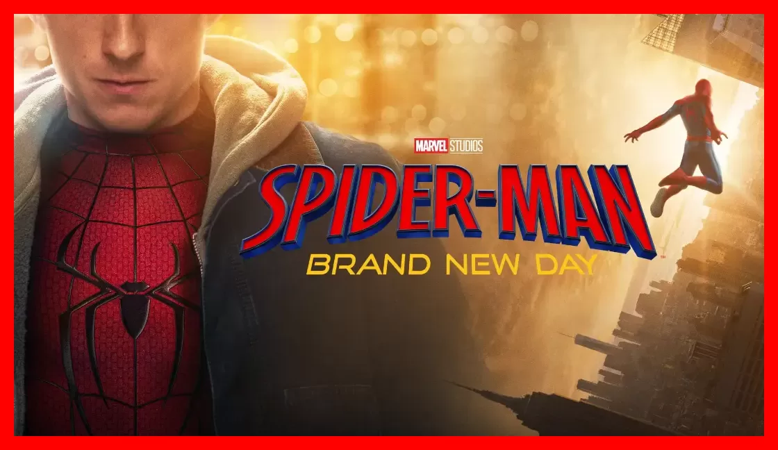 چهره مرد عنکبوتی (Spider-Man) و لوگوی فیلم Brand New Day در پس‌زمینه شهری