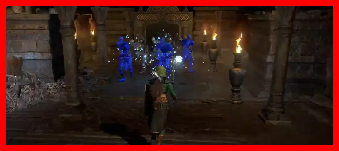 شخصیت اصلی در حال مبارزه با موجودات آبی‌رنگ در بازی دیابلو ۲ (Diablo II)
